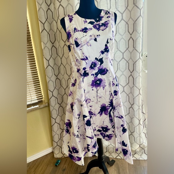 EUC DKNY White & Purple Floral Handkerchief Hem Fit-&-Flare Dress - Picture 4 of 16